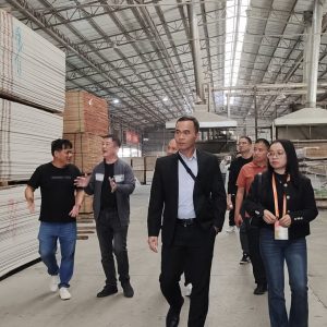 Tour guide shows clients around Mingyuan Wood factory