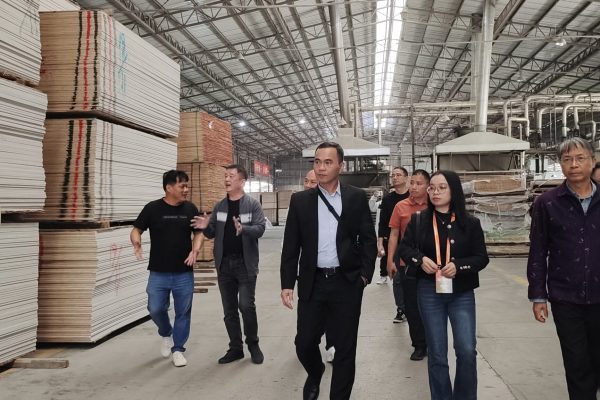 Tour guide shows clients around Mingyuan Wood factory