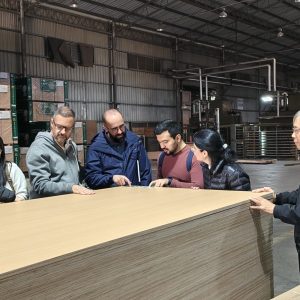 International customers check melamine faced plywood samples
